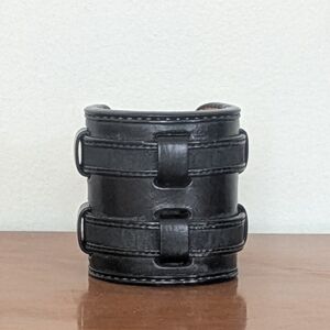 Black Leather Cuff Bracelet With Two Tooled Straps
